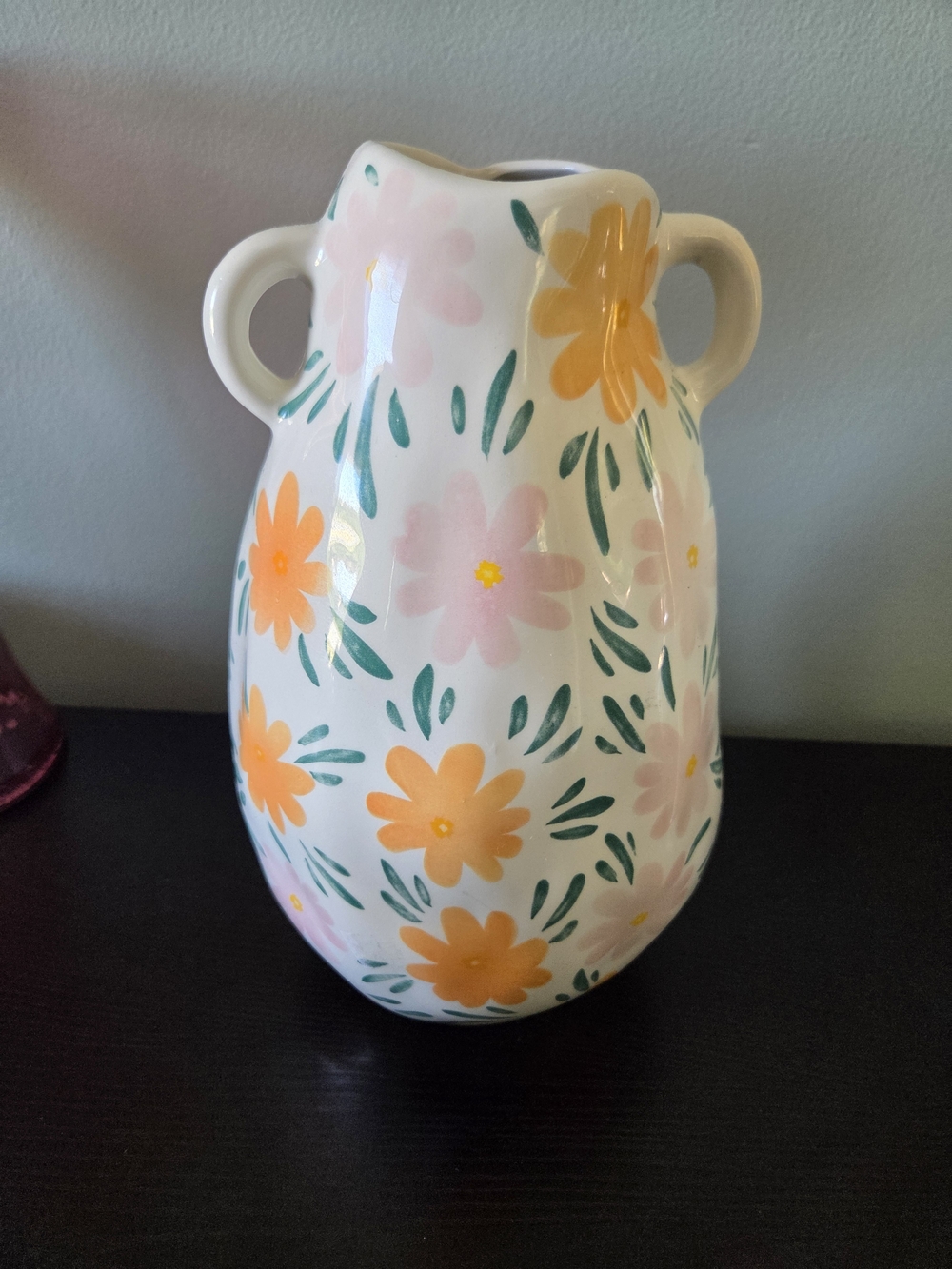 Floral Ceramic Vase in White with Peach & Green Accents